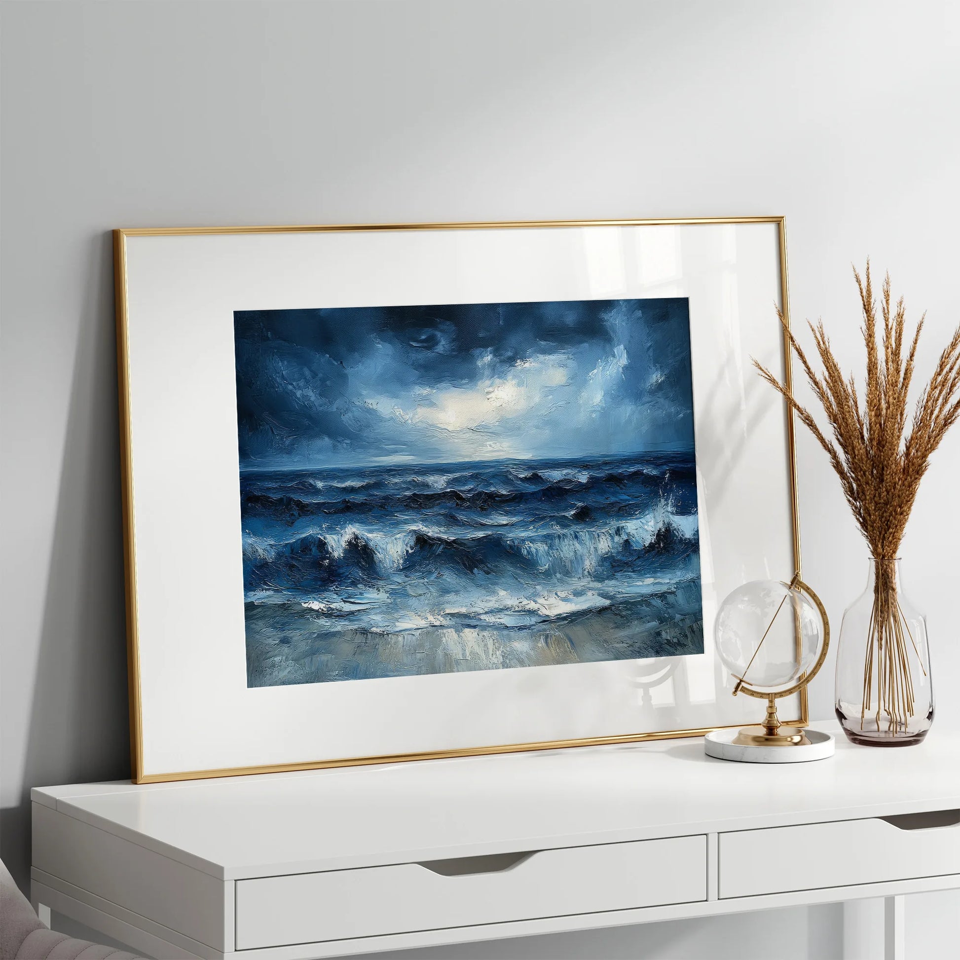 Dark and atmospheric ocean print inspired by Ireland’s rugged coastline.
