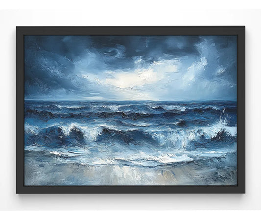 Textured painting-style print of stormy waves crashing against the shore.
