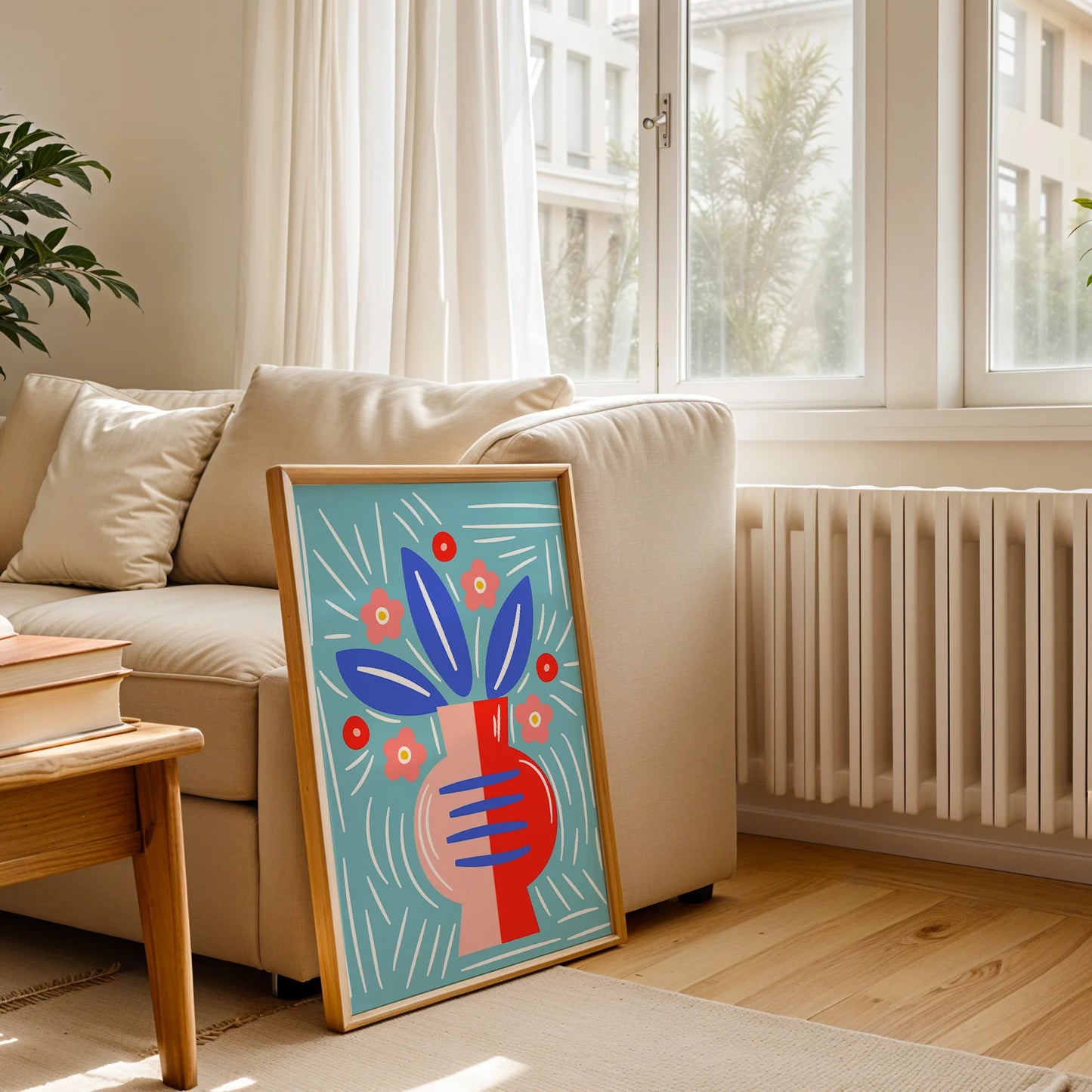 Abstract flower vase print with dynamic lines and simple shapes.