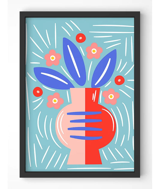 Stylized botanical art print with a two-toned vase and abstract flowers.