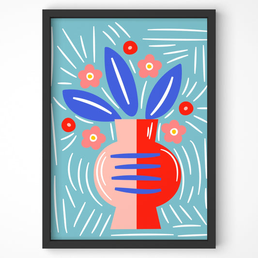 Stylized botanical art print with a two-toned vase and abstract flowers.