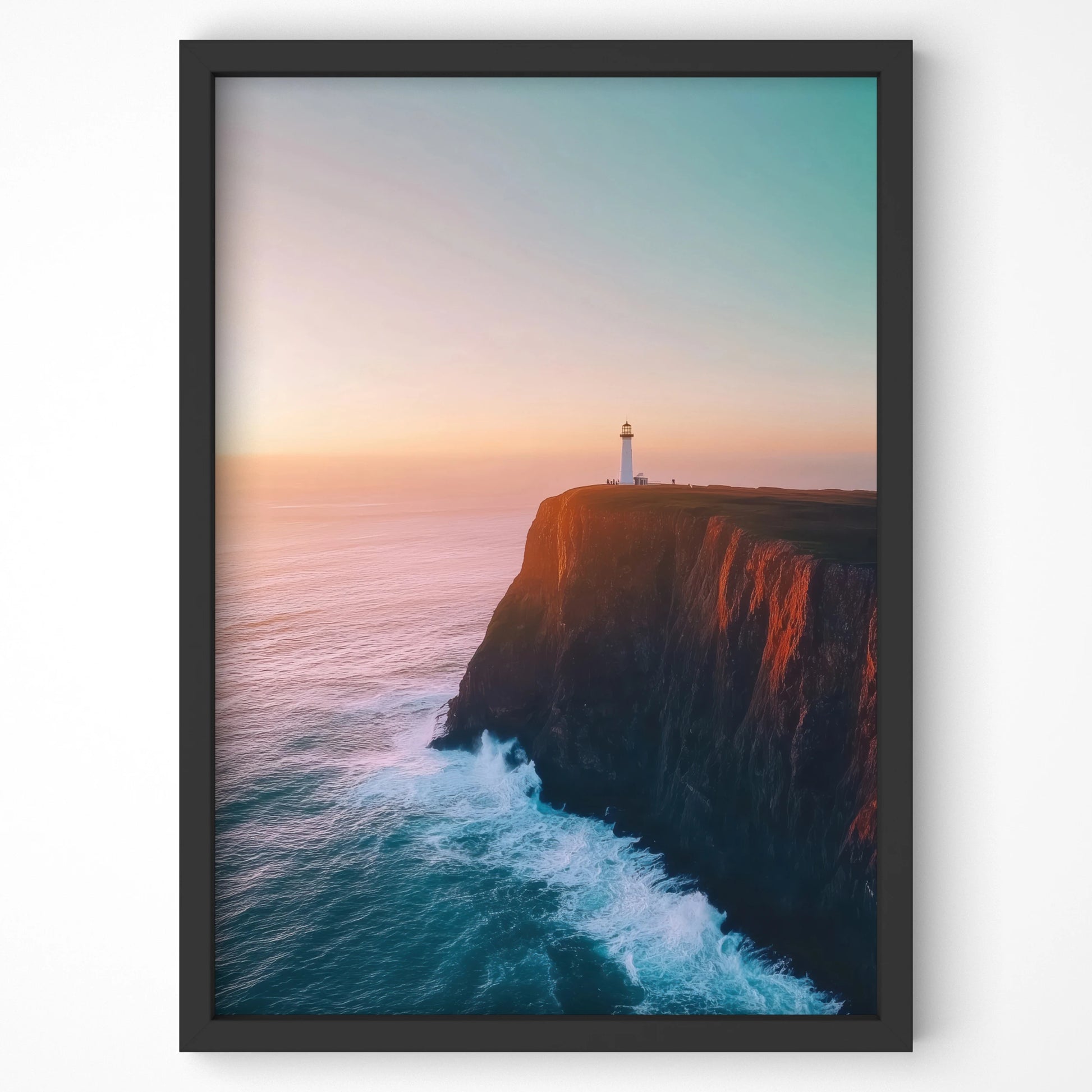 Dramatic cliff at sunset with coastal lighthouse, premium travel wall art