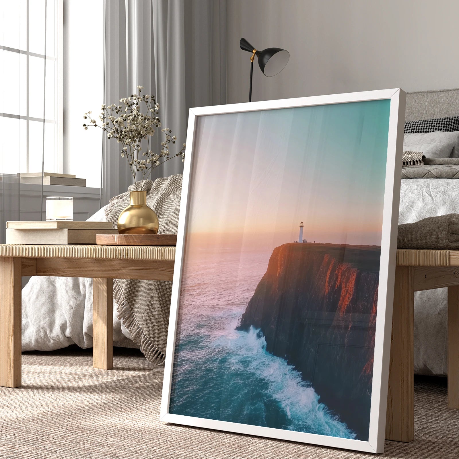 Warm-hued ocean view featuring a lighthouse on a cliff, travel wall print