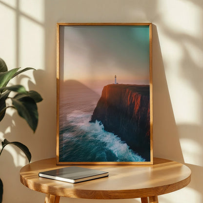Towering seaside cliffs and lighthouse under colorful sky, perfect travel décor