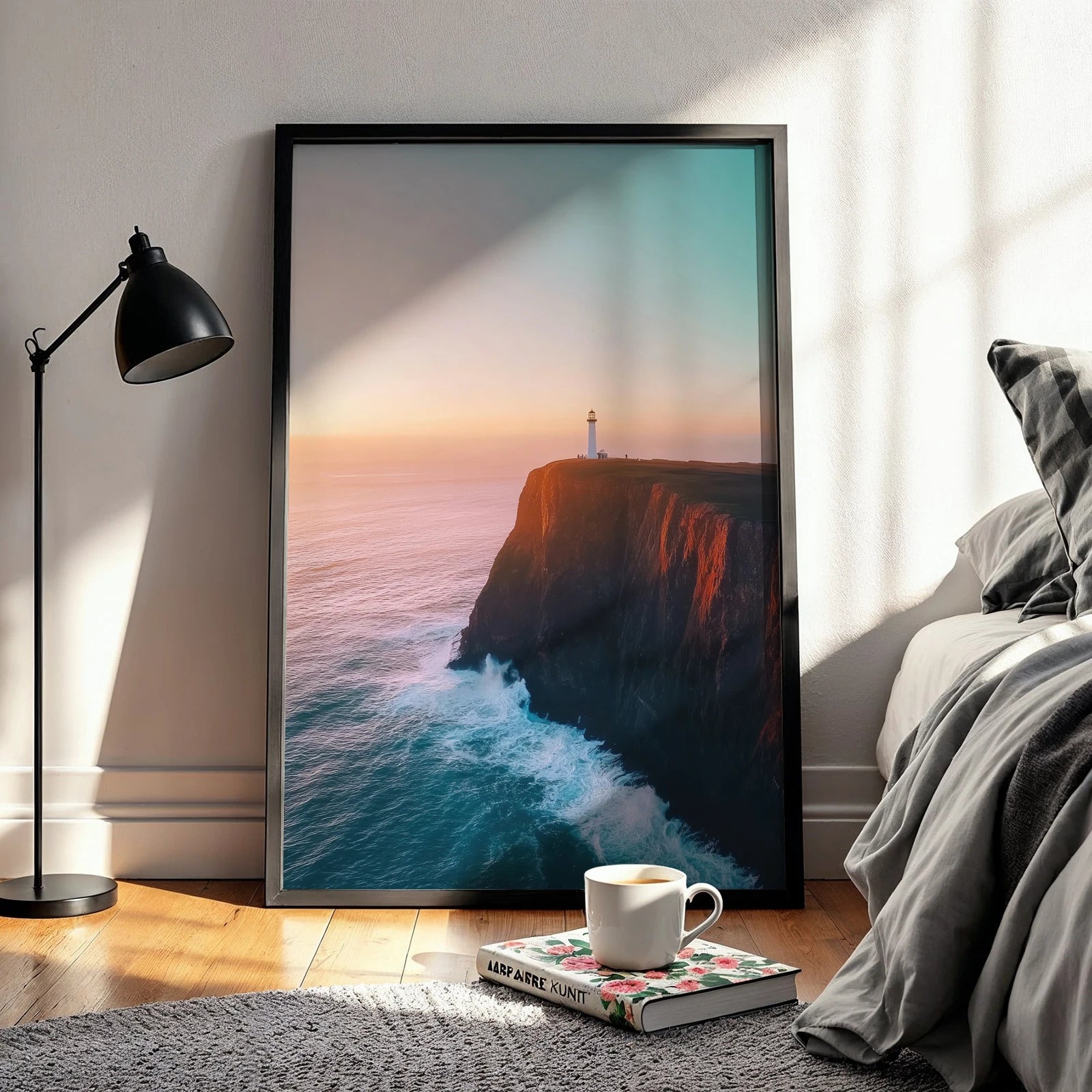 Sunset glow on ocean cliffs with lighthouse silhouette, stunning travel wall art