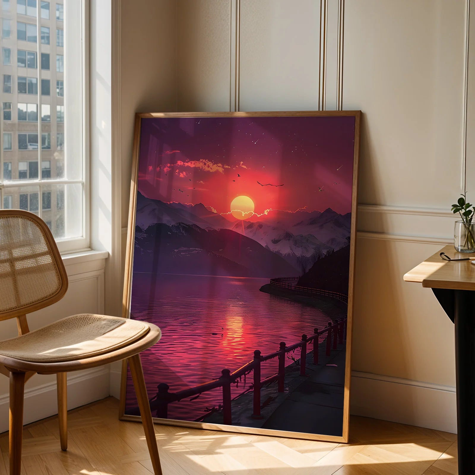 Calming nature print with a dramatic red and orange sky.
