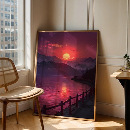 Calming nature print with a dramatic red and orange sky.
