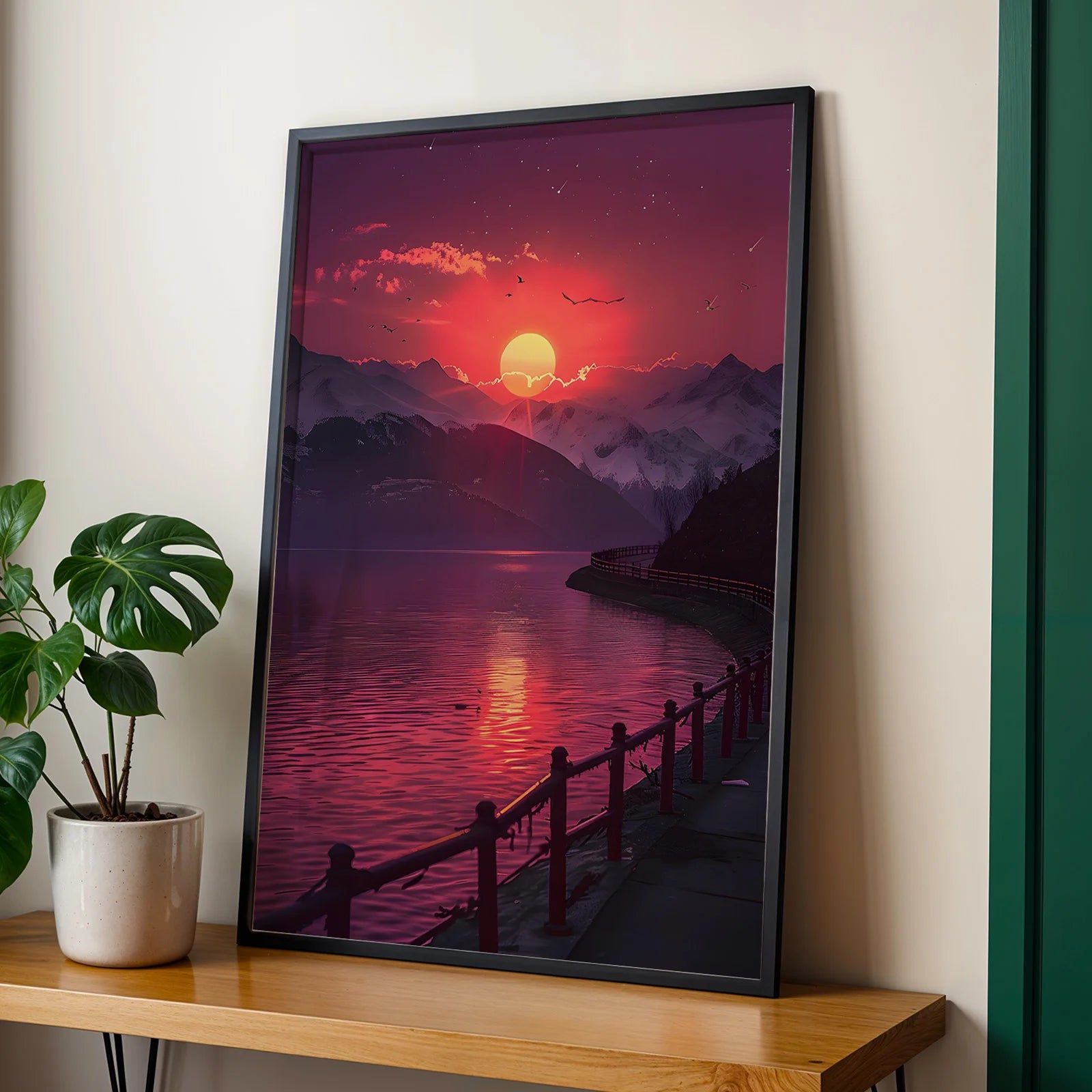 Romantic nature art print of mountains and lake at dusk.
