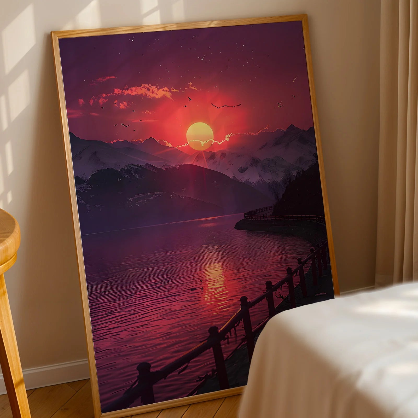 Impressionistic style art print of a mountain lake scene.
