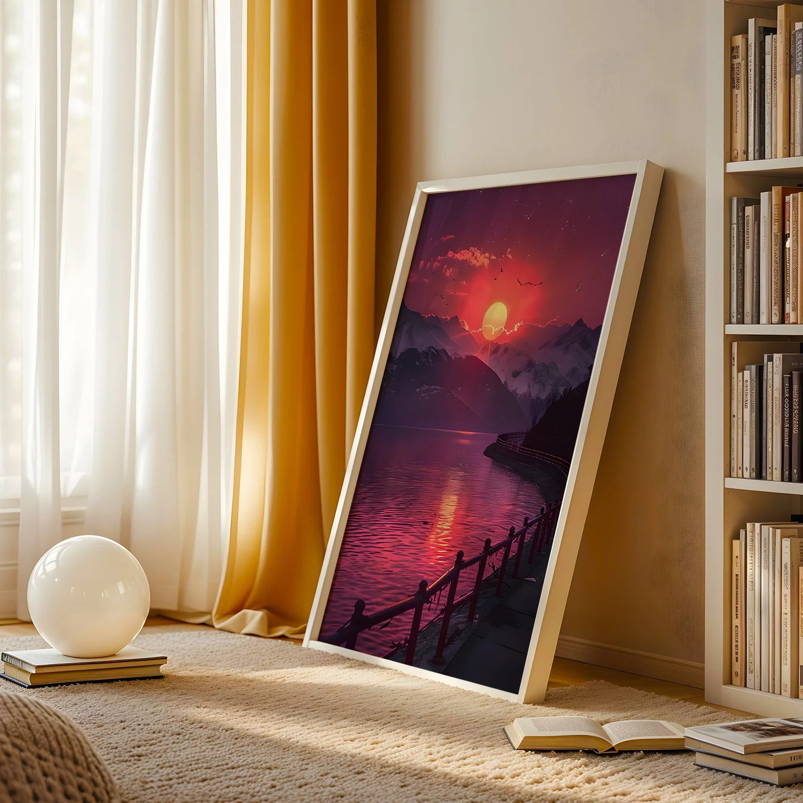 Painterly sunset landscape art print with warm red tones.