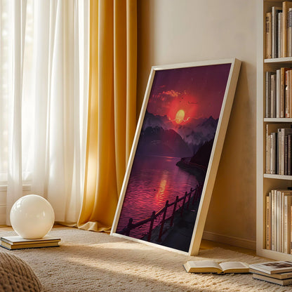 Painterly sunset landscape art print with warm red tones.