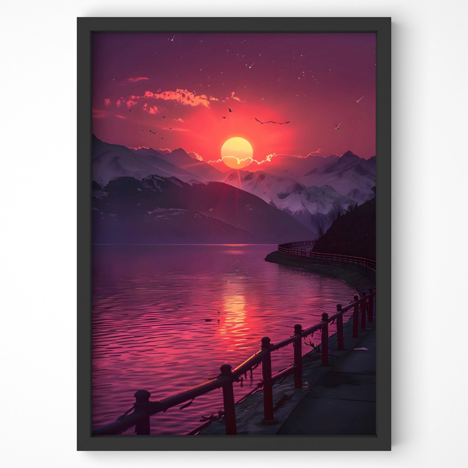 Serene landscape artwork featuring a vibrant red sunset.
