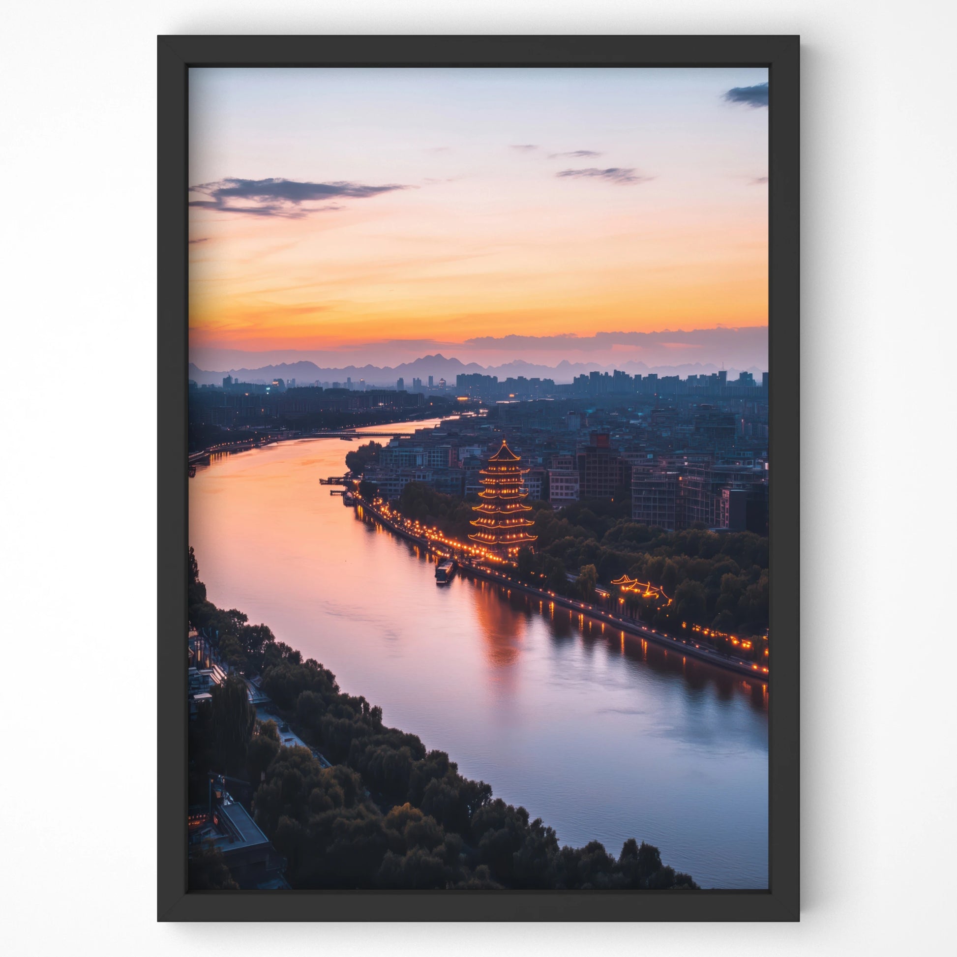 Riverside pagoda at twilight with glowing lights, premium travel wall art
