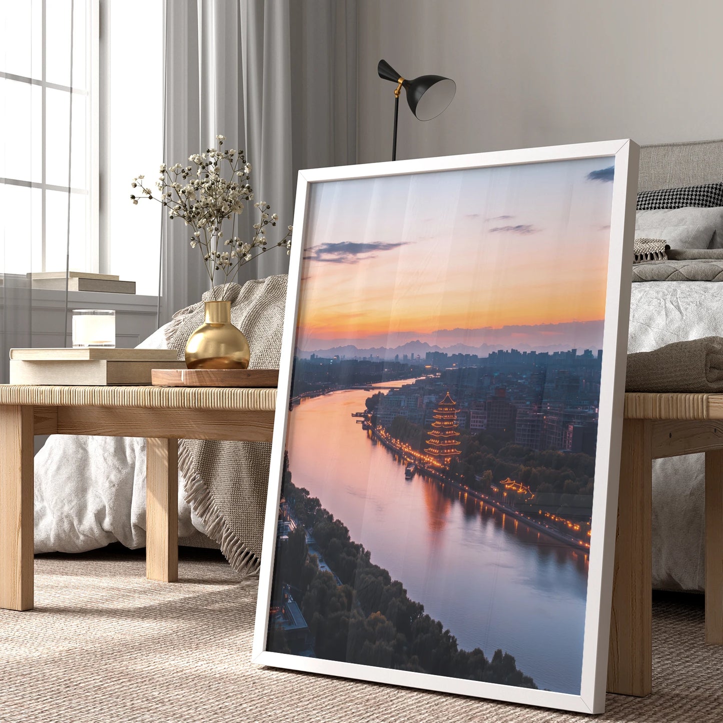 Sunset skyline overlooking illuminated pagoda and winding river, travel wall print