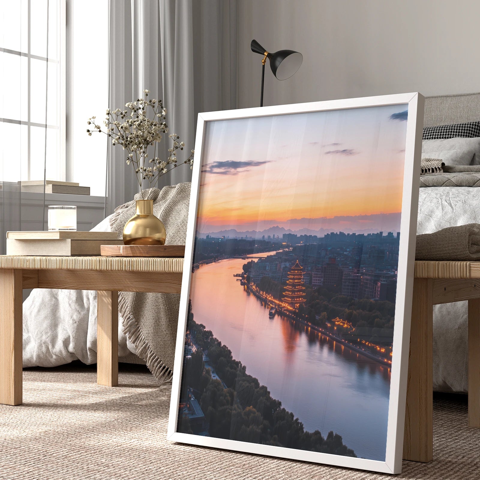 Sunset skyline overlooking illuminated pagoda and winding river, travel wall print