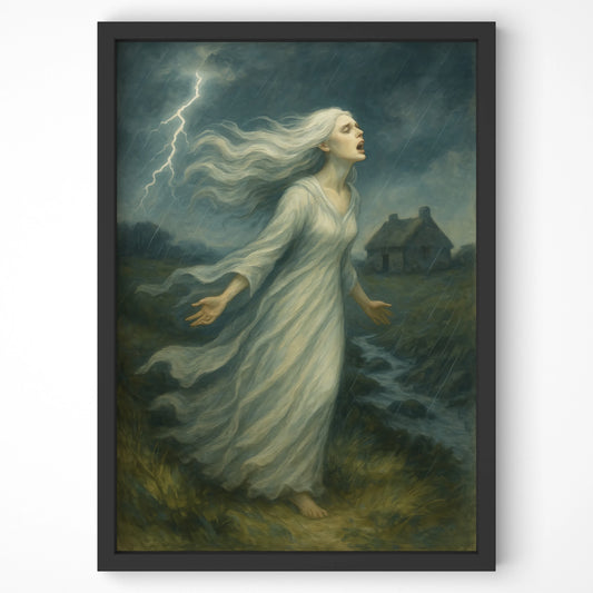 Full-bleed framed version of “The Banshee’s Lament” showing detailed storm scene and banshee figure – modern take on Irish folklore.