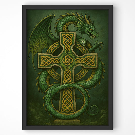 Straight-on view of Celtic mythology dragon print in black frame on a white wall. Detailed Celtic cross design.