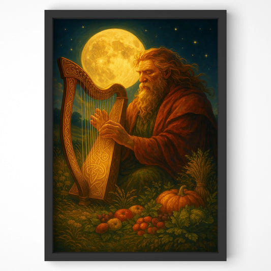Close-up of framed wall art showing The Dagda playing a carved harp, surrounded by harvest fruits and Celtic details.