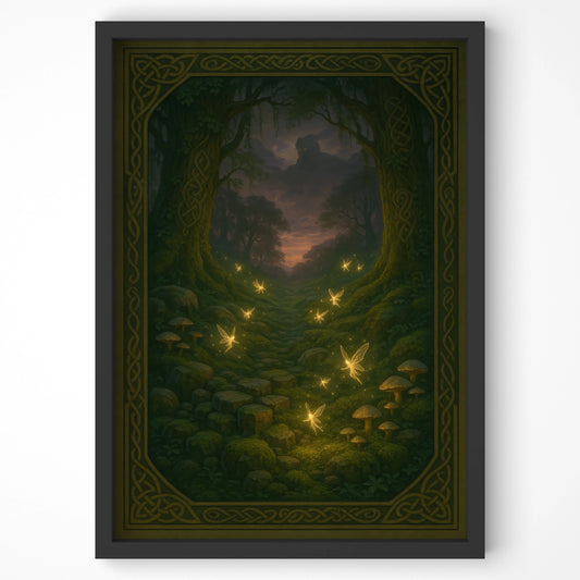Close-up of magical fairy forest artwork, framed in black and full of rich green detail.
