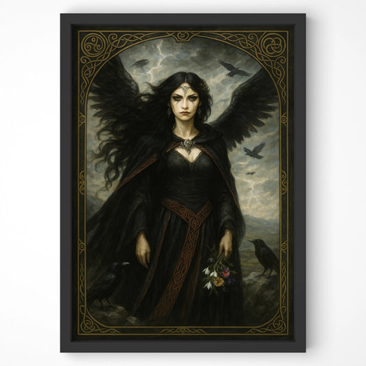 Close-up of Celtic goddess Morrígan art, with dark tones, stormy sky, and symbolic floral detail.