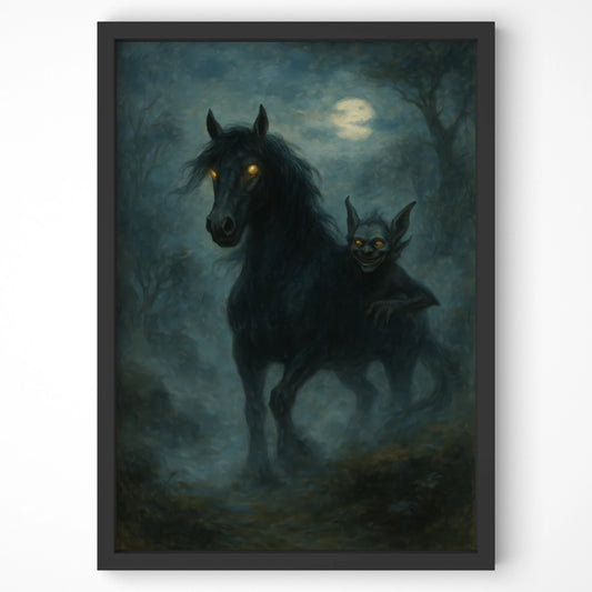 The Púca print in a black full-bleed frame on a white background, highlighting the eerie, mystical tones of Irish mythology.