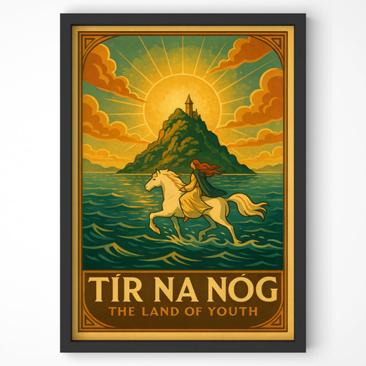 Close-up of Tír na nÓg in a black frame showing artwork detail and bold colours.