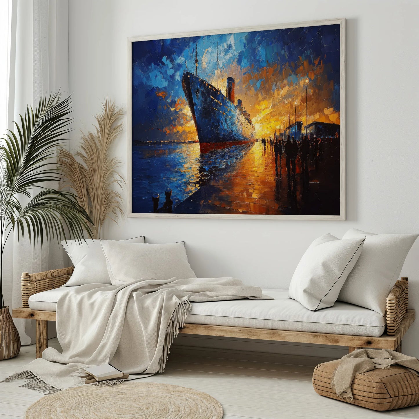 Titanic Belfast Print featuring a grand ship at dock under a vibrant sunset.
