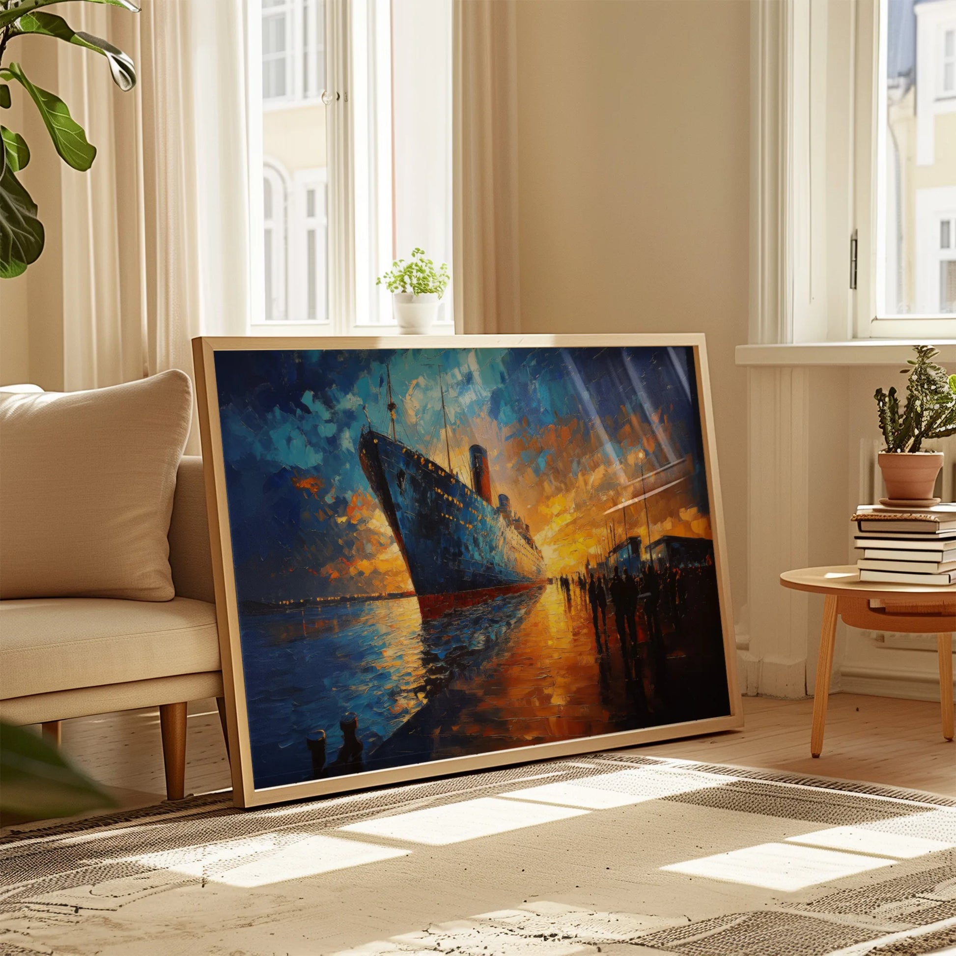 A dramatic and textured painting-style print of the Titanic at dusk.
