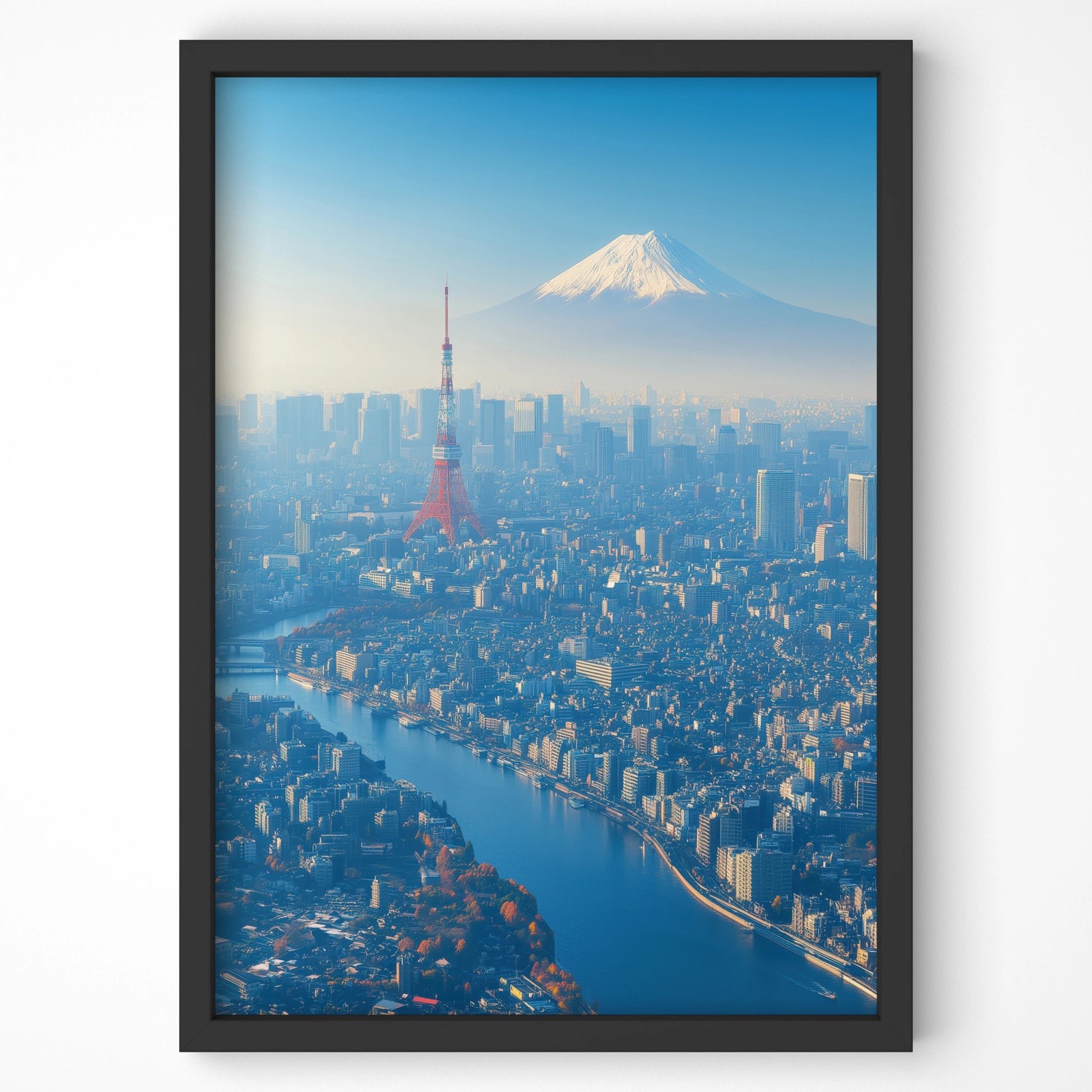 Aerial view of Tokyo Tower with Mount Fuji backdrop, premium travel wall art