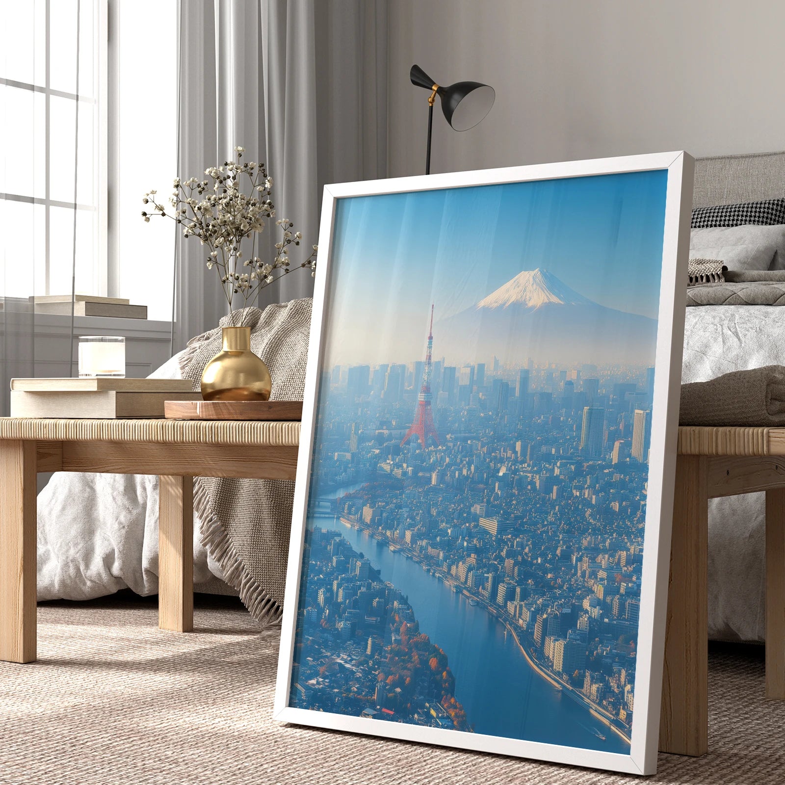Iconic Tokyo skyline under clear skies and Mount Fuji, travel wall art print
