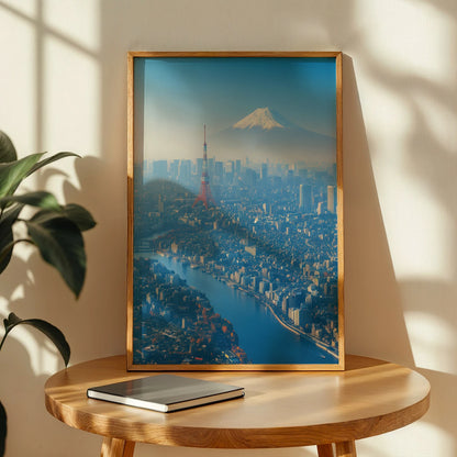 Panoramic shot of Tokyo cityscape featuring red tower and Mount Fuji, travel décor