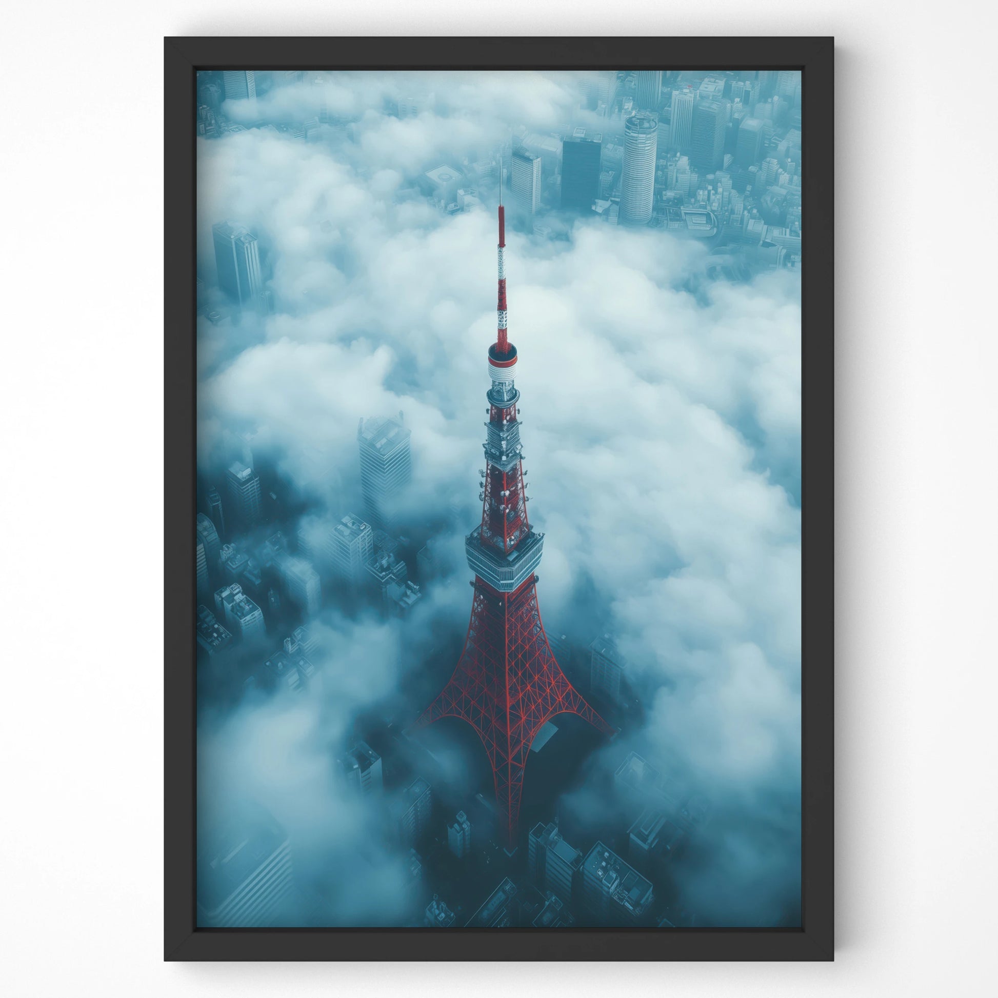 Aerial view of red Tokyo Tower rising through clouds, travel wall art print.