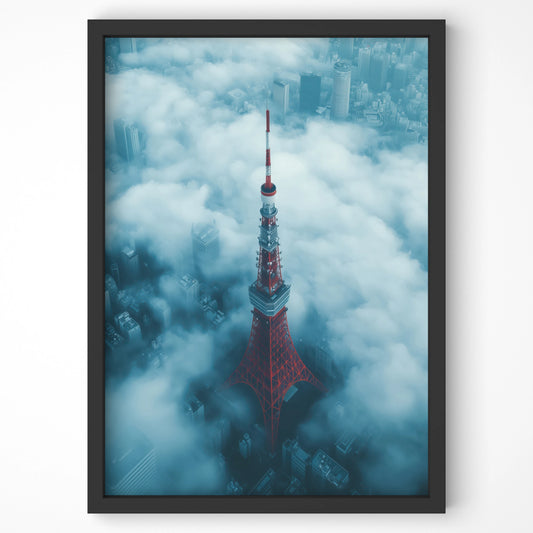 Aerial view of red Tokyo Tower rising through clouds, travel wall art print.