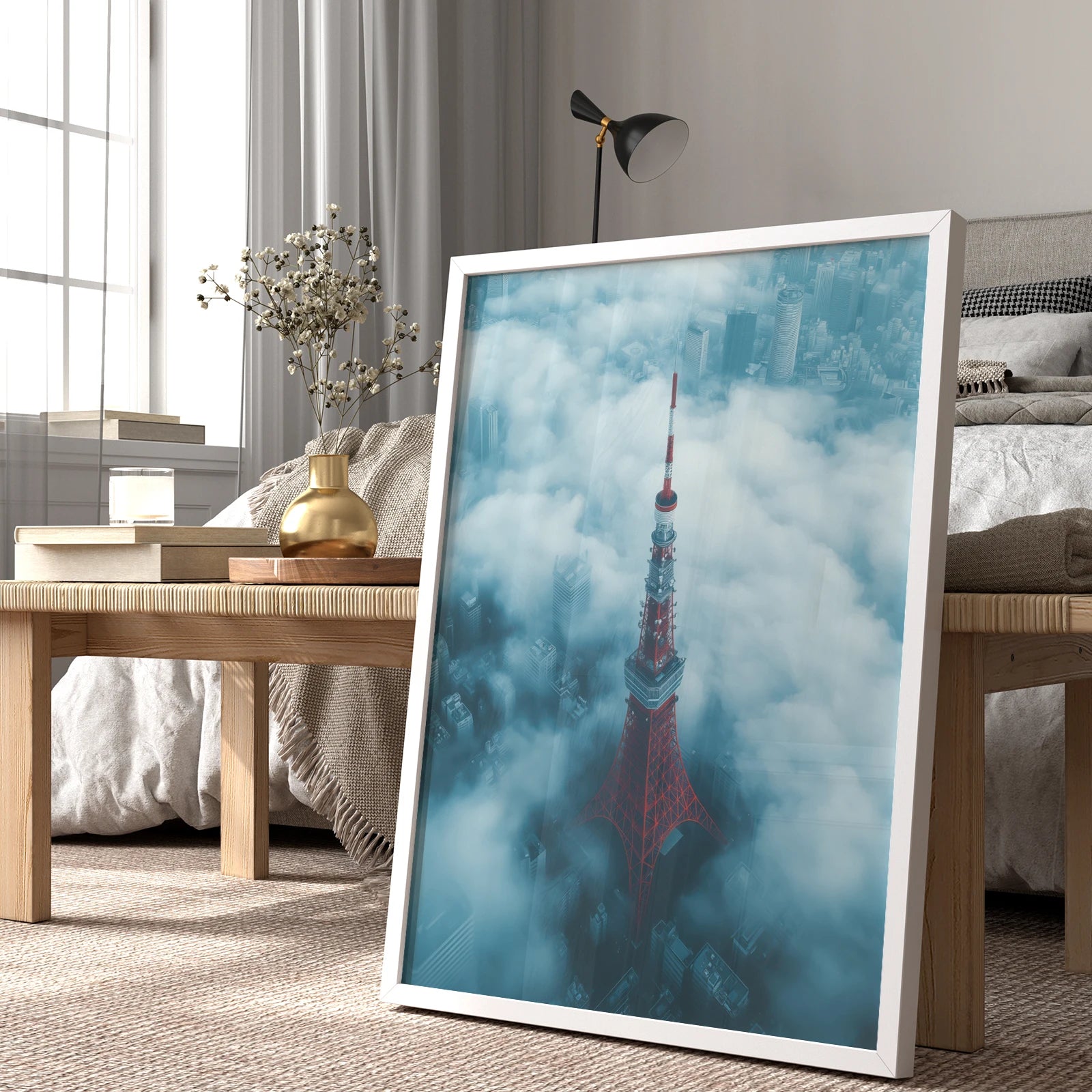 Foggy Tokyo skyline with striking red tower, ideal for travel-inspired home décor.
