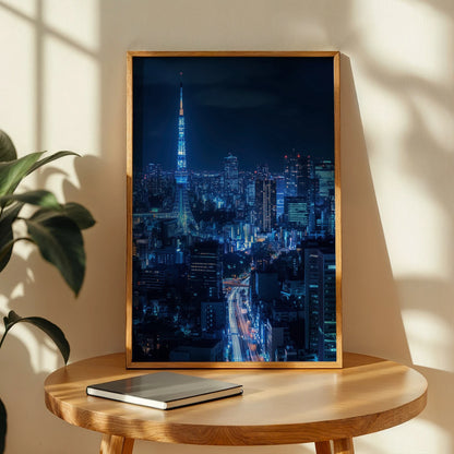 Vibrant aerial view of Tokyo at night with iconic tower, ideal for travel wall art enthusiasts.