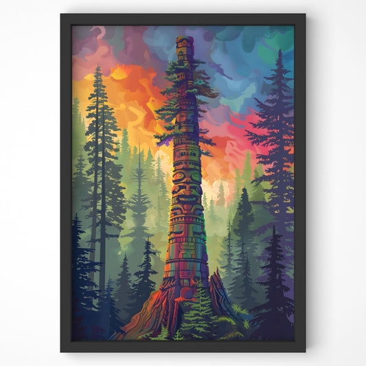 Black framed wall art print of a totem pole in a forest.
