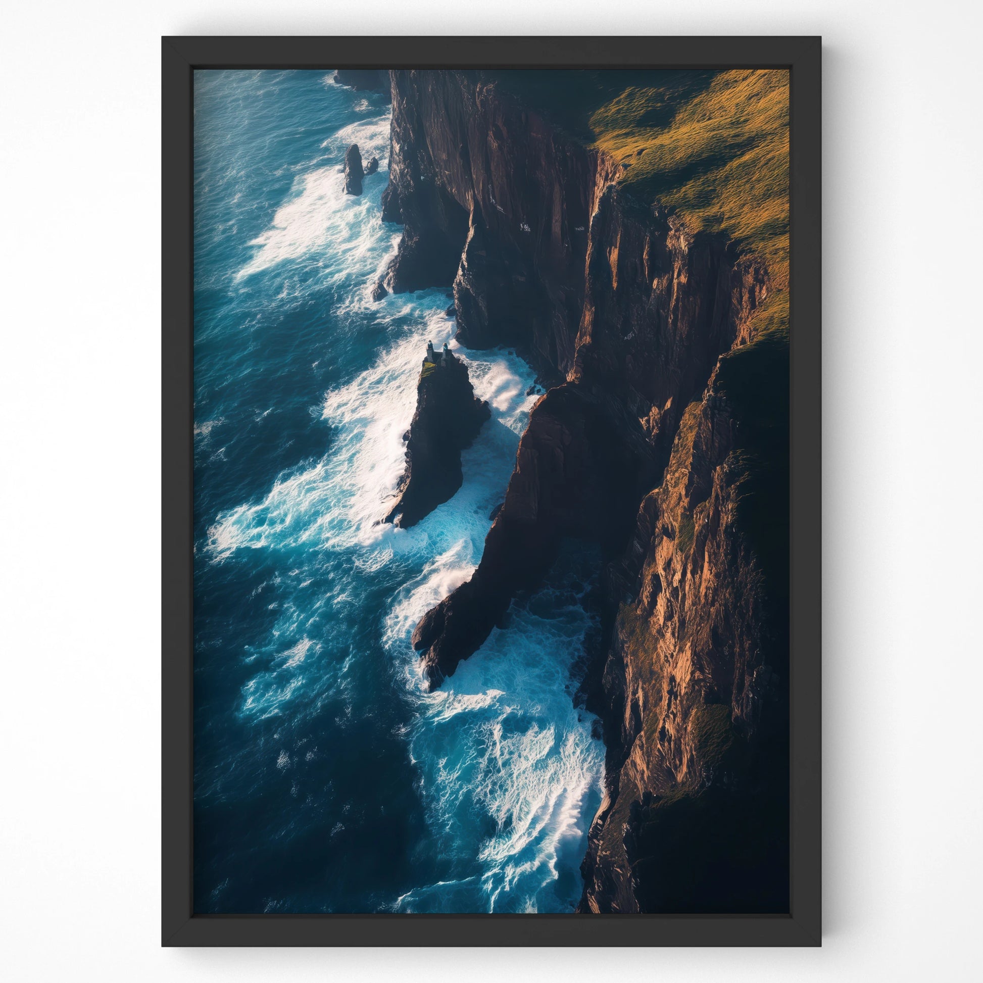 Aerial view of rugged cliffs with turquoise waves, premium travel wall art
