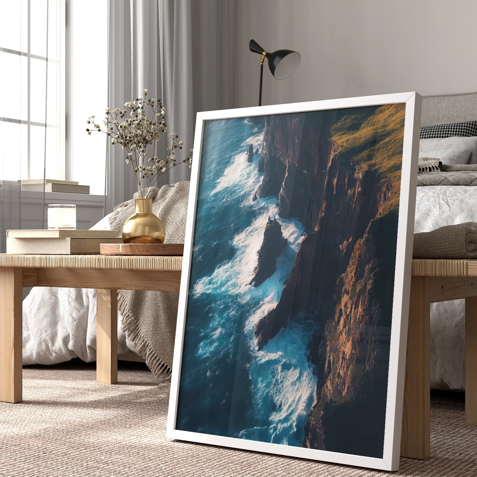 Dramatic cliffside ocean scene at golden hour, travel wall print