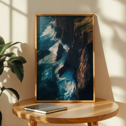 Sweeping coastal panorama featuring crashing waves below steep cliffs, perfect travel décor