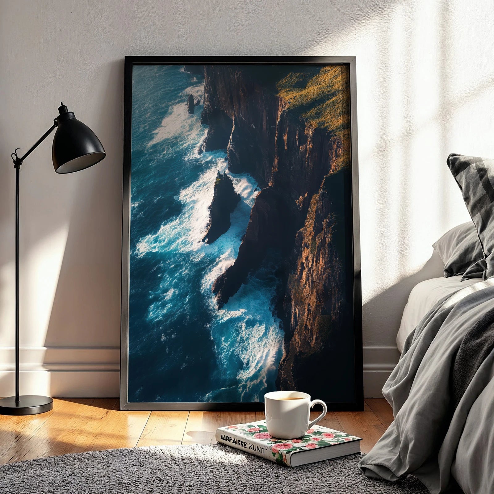 Towering seaside cliffs lit by warm sunlight, ideal travel wall art for home