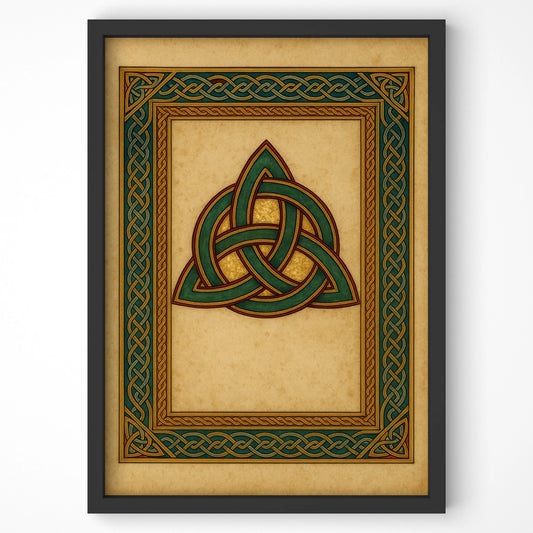 Close-up of framed Trinity Knot wall art with rich Celtic detailing, presented in a clean minimalist space.