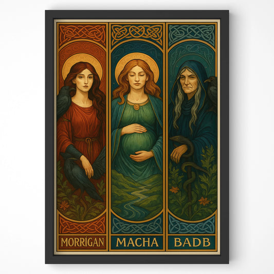 Close-up of the Morrígan, Macha, Badb Celtic wall art in a black frame with deep earthy and mystical tones.
