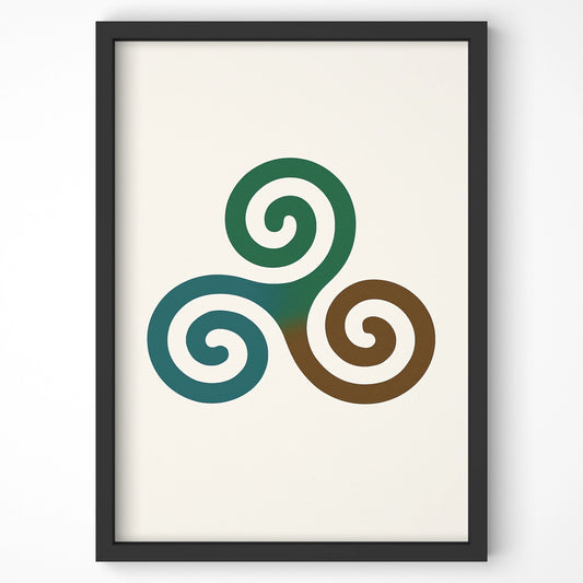 Close-up of the Triple Spiral Celtic symbol in a black frame with a white mount, ideal for Celtic mythology inspired interiors.