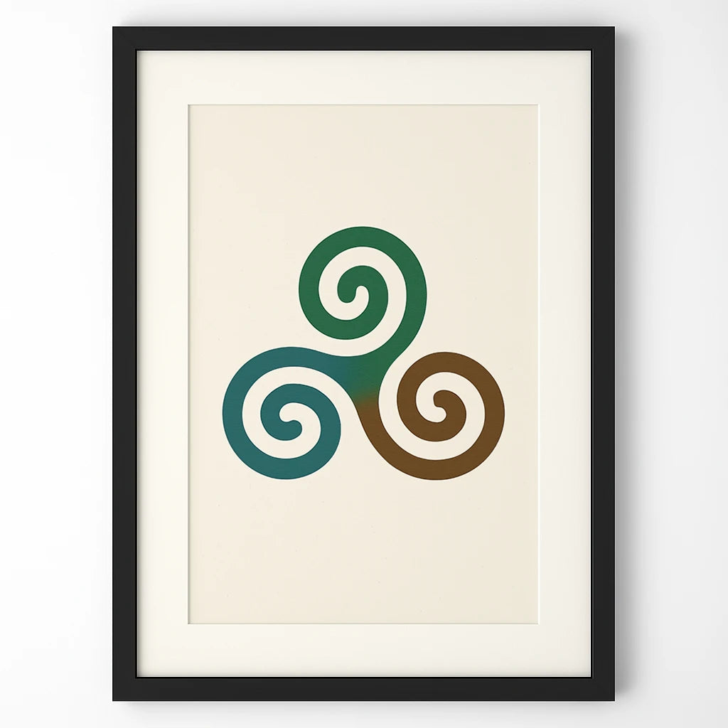 Textured close-up of the Triskelion design featuring green and brown spirals, highlighting the ancient Irish symbol of motion and harmony.