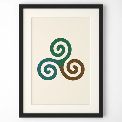 Textured close-up of the Triskelion design featuring green and brown spirals, highlighting the ancient Irish symbol of motion and harmony.