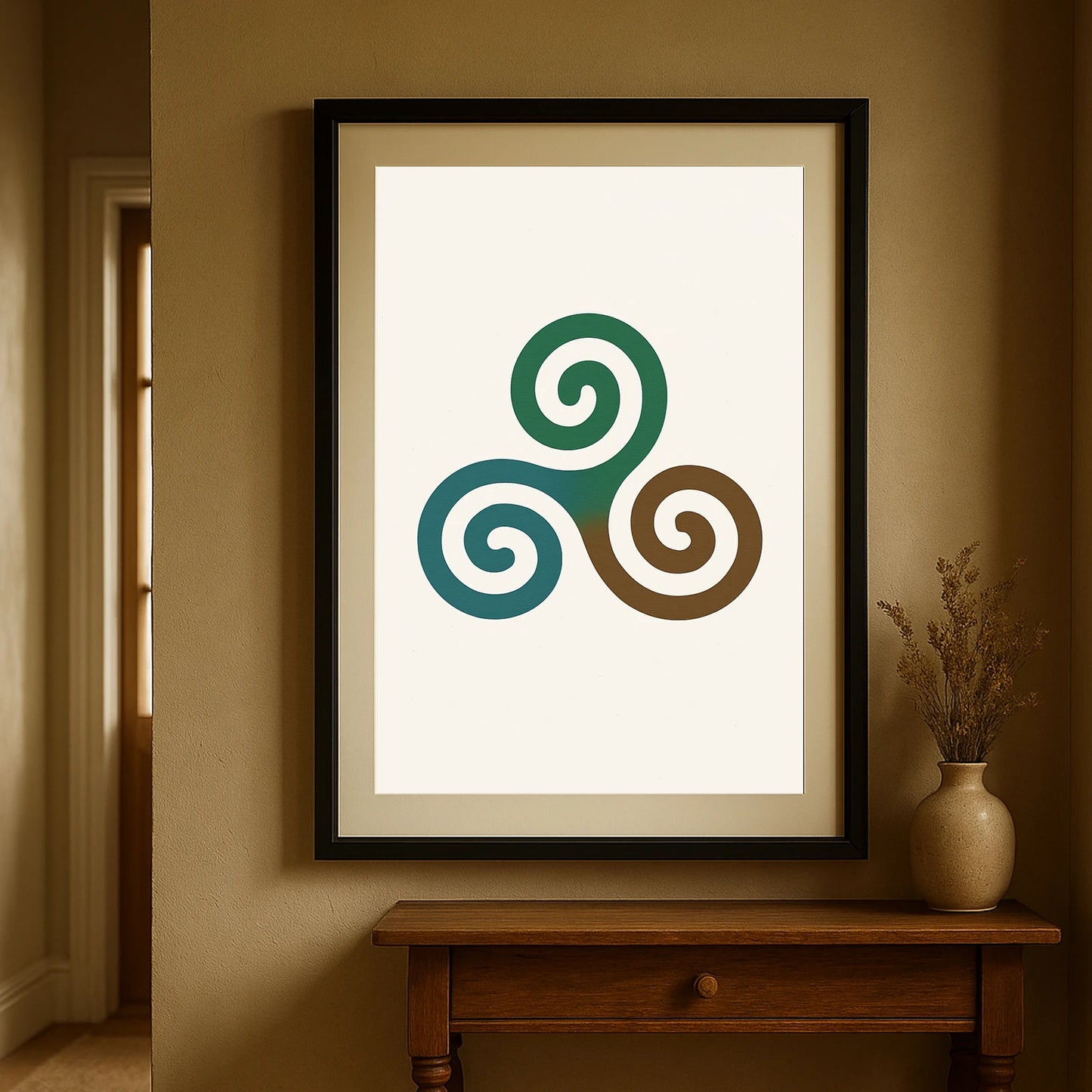 Triple Spiral Triskelion print in a black frame, styled in a hallway with soft warm tones, inspired by ancient Celtic mythology.