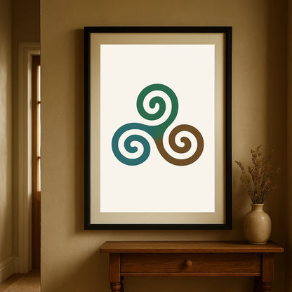 Triple Spiral Triskelion print in a black frame, styled in a hallway with soft warm tones, inspired by ancient Celtic mythology.