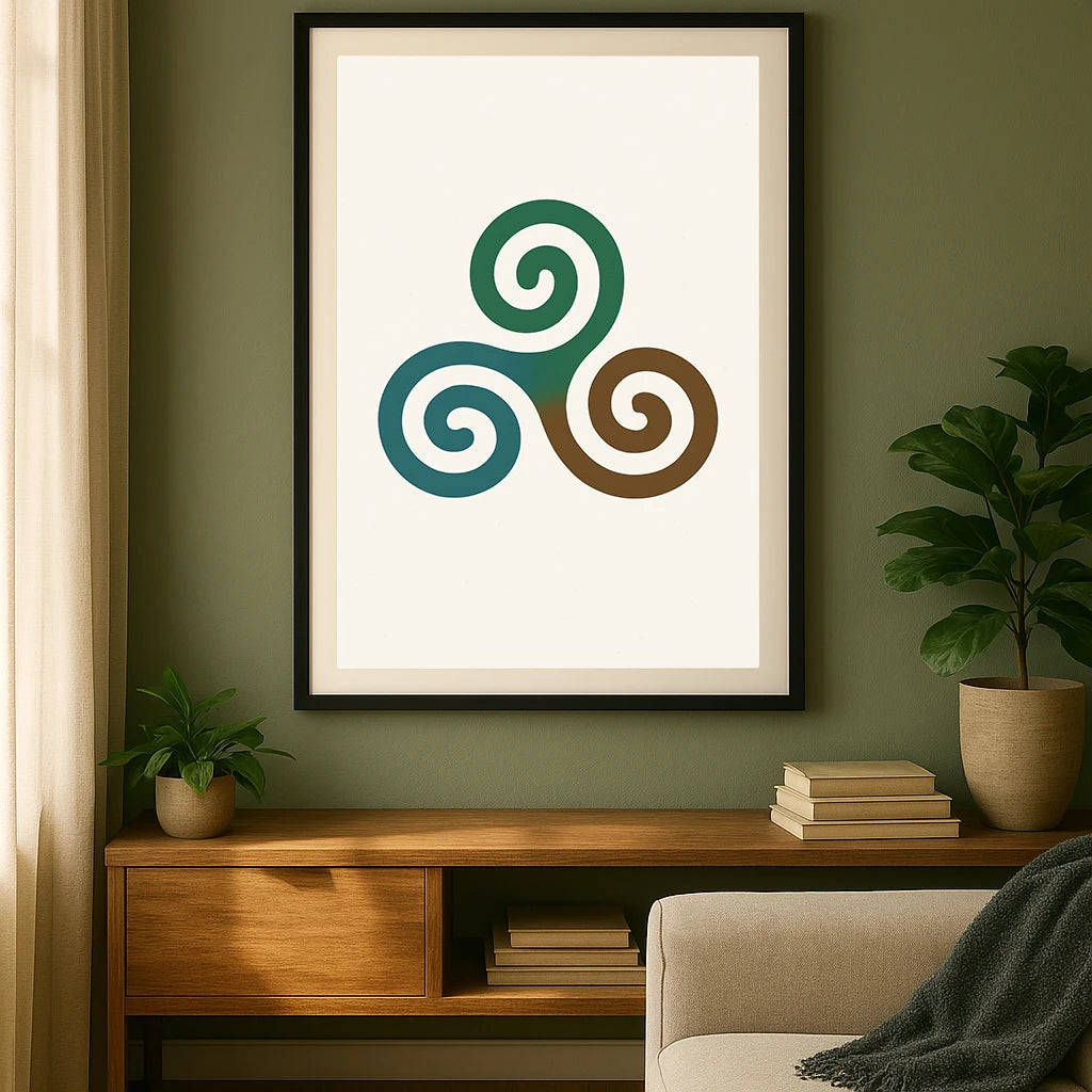 A large framed Triskelion Celtic print on a green wall above a wooden console table, styled with natural elements and neutral decor.