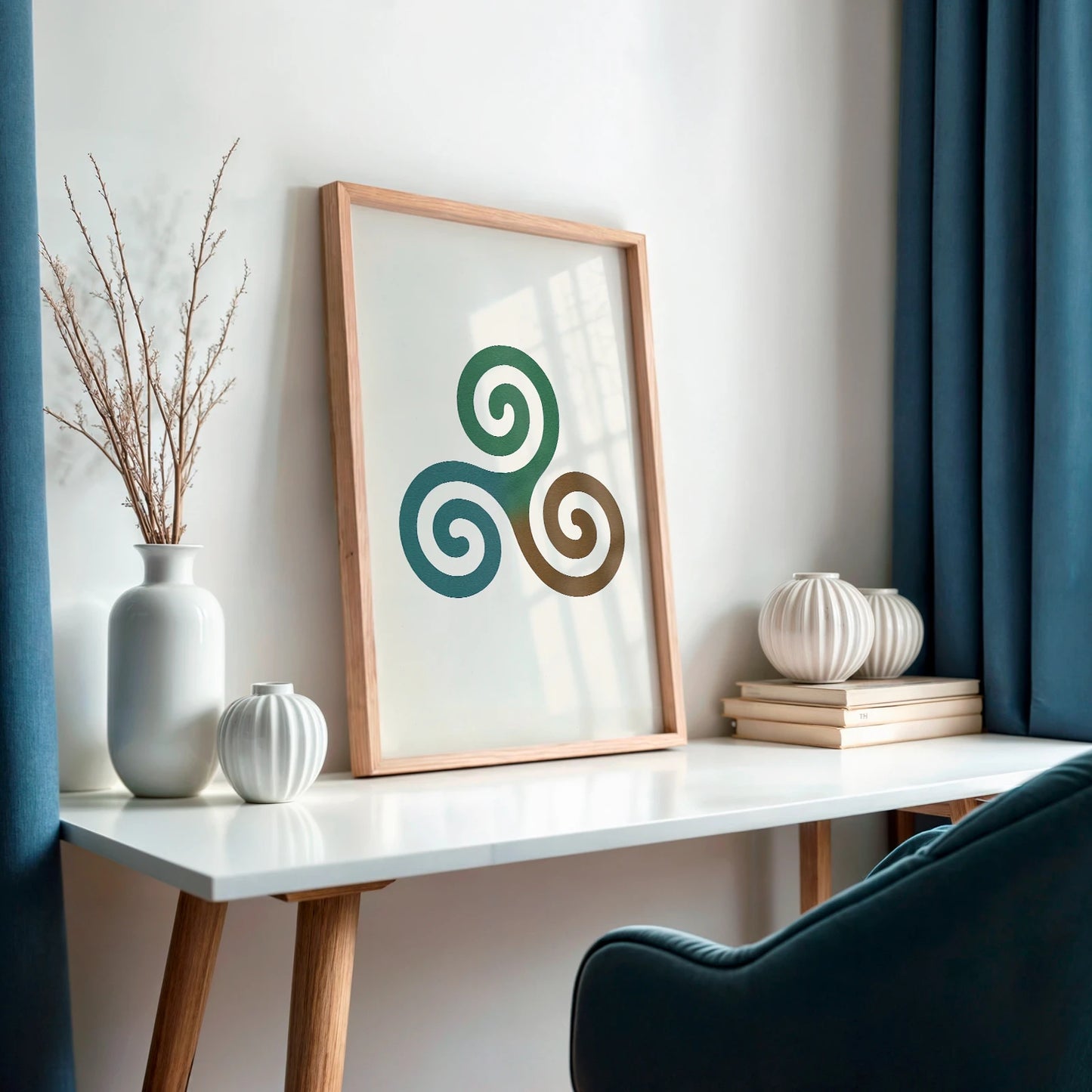 Celtic Triskelion wall print leaning against a wall on a white desk, paired with dried flowers and ceramic vases in a cosy Irish setting.