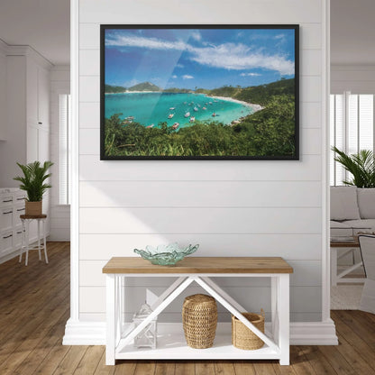 Vibrant coastal scene featuring lush green hills, boats, and a weathered sky effect.